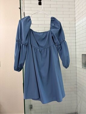 Blue Puff Sleeve Square Neck Mini Dress